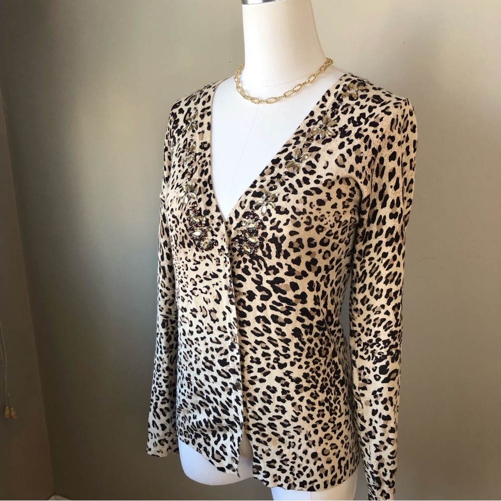 Leopard print v neck front button crystal embellished cardigan M